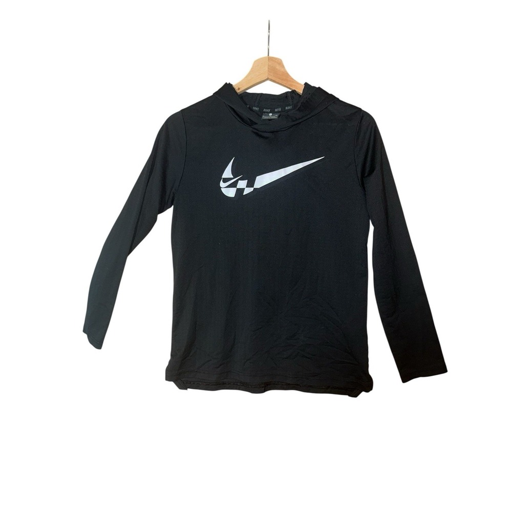 Nike Dri-FIT Boys Sz XL 18-20 Black Pullover Long Sleeve Shirt Checkered Swoosh